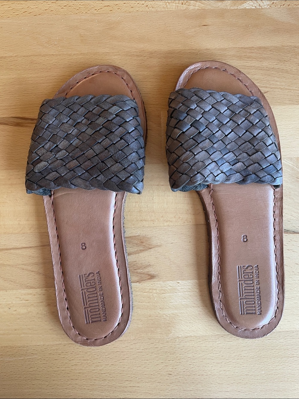 Woven Leather Slide Mules in Brown Taupe — Size 8
